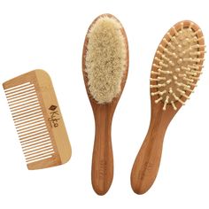 Kyte Baby Bamboo Hair Brush & Comb set is the best for your baby and for the environment. Like all of Kyte Baby's products, these brushes were made with you and your precious baby in mind. Brushing with super soft natural goat hair bristles is perfect for a newborn's scalp, especially those soft spots and helps to reduce cradle cap. The brush with wooden bristles safely massages baby's scalp and is perfect for combing a toddler's hair. Both brushes and comb have bamboo handles that are bacteria- Bamboo Hair Brush, Baby Hair Brush, Best Curlers, Kyte Baby, Hair Brush Set, Baby Bamboo, Comb Set, Baby Hair Accessories, Goat Hair