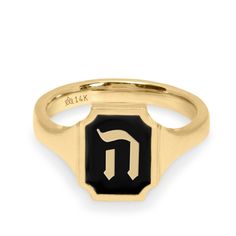 The perfect gift for yourself or loved ones, the Tom ring captivates the eye with its gleaming rich black enamel with a Hebrew letter of your choosing. Our contemporary collection of the Hebrew alphabet, handcrafted by our Hotcrown team, is inspired by the blend of ancient and modern Jewish culture. This harmonious collection represents perpetuity, refinement, empowerment, and originality. Any gold Hebrew letter stuns on your finger effortlessly catching the light. All features can be customized! Please contact us if you wish to make changes, we love making custom designs. All of our jewelry is carefully handmade in our atelier. *HC diamond are all conflict-free diamonds To order by phone 972-72-2991000 Symbolic Gold Enamel Ring As Gift, Hebrew Jewelry, Alphabet Bracelet Hebrew, Symbolic Stainless Steel Signet Ring Gift, Spiritual Gold Brass Signet Ring, Hebrew Letters, Letter Bracelet, Letter Gifts, Pendant Rings