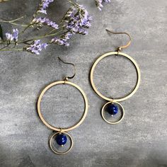 "Handmade in Philadelphia. Color : Blue/ Gold. Natural Lapis Lazuli beads, Brass. Measure approx. 2-3/4\"L x 1.5\"W. If you are looking for different gemstones /beads or large quantities, please, send me a message.  Custom Orders Welcome:)" Bubble Earrings, Lapis Lazuli Beads, Geometric Jewelry, Jasper Beads, Moon Earrings, Lovely Earrings, Vibrant Art, Light Weight Earrings, Fun Earrings