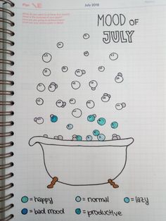 a notebook with an image of a bathtub full of bubbles and the words mood of july