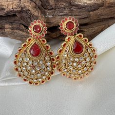 Beautiful New Gold And Red Earrings Red Crystal Drop Earrings For Pierced Ears, Red Teardrop Chandelier Earrings As Gift, Red Ruby Dangle Earrings, Festive Ruby Earrings For Pierced Ears, Traditional Red Round Chandelier Earrings, Traditional Red Chandelier Earrings, Red Drop Earrings For Bridal Gift, Red Drop Bridal Earrings As Gift, Red Dangle Bridal Earrings