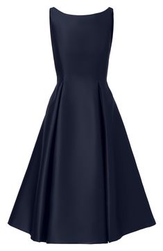 A gorgeous sheen brightens the hue of a mikado party dress styled with princess seams to shape the fitted bodice and crisp box pleats for a flared finish. The elegant bateau neck dips to a V in back for a head-turning exit. 45" length (size 8) Hidden back-zip closure Bateau neck Sleeveless Side-seam pockets Lined 100% polyester Dry clean Imported Box Pleated Dress, Flare Midi Dress, Bateau Neck, Princess Seams, Box Pleats, Princess Seam, Adrianna Papell, Fitted Bodice, Nordstrom Dresses