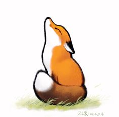 an orange and white fox sitting in the grass