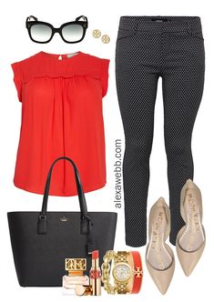 Red Top Outfit Work, How To Style Flats For Work, Plus Size Work Outfits, Normal Style, Work Coveralls, Alexa Webb, Black And White Pants, Nude Flats