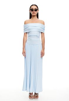 FIELD OF DREAMS MAXI  - SOFT BLUE Bridesmaid Maxi Dress, Blue Draped Dress With Pleated Bodice, Blue Ruched Off-shoulder Maxi Dress, Fitted Off-shoulder Pleated Bodice Maxi Dress, Fitted Blue Pleated Maxi Dress, Light Blue Long Dress, Pastel Maxi Dress, Mismatched Bridesmaid Dresses Blue, Bridesmaids Blue