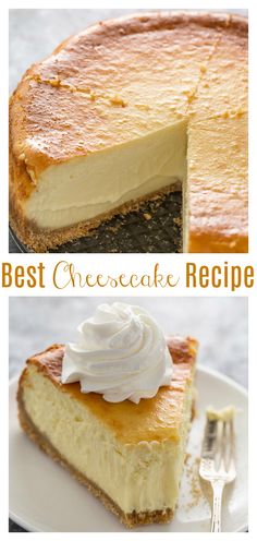 two different views of a cheesecake with whipped cream on top and an extra creamy cheesecake in the middle