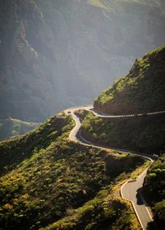 a winding road in the mountains with trees on both sides