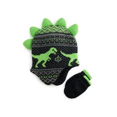 He'll love this adorable Dino themed hat and mitten set from Addie & Tate.He'll love this adorable Dino themed hat and mitten set from Addie & Tate. Click on the BABY PRODUCTS & CLOTHES GUIDE to find everything you need to keep your baby healthy and happy!FEATURES 2-piece set includes: Hat and mittens Funk dinosaur spikes on hat Green stiped detailing on mittensFABRIC & CARE Mittens: Acrylic, polyester, spandex Hat: Acrylic Polyester lining Hand wash ImportedDETAILS Age appropriate: 6 months-2 y Playful Hats For Cold Weather, Themed Black Winter Hats, Adjustable Fun Crochet Hat For Winter, Whimsical Black Winter Hat, Winter Hats For Playtime, Warm Adjustable Hats For Playtime, Playful Crochet Cap For Winter, Playful Winter Crochet Cap, Playful Crochet Winter Cap