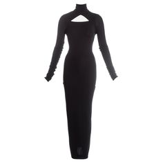 Dolce & Gabbana black spandex figure hugging maxi dress with cut out, turtle neck, zip fastening, and pleating down the centre back. c. 1990s Fitted Long Maxi Dress For Club, Fitted High Neck Black Maxi Dress, Chic Fitted Turtleneck Maxi Dress, Dune Oc, Gothic Boutique, Butterfly Stomach, Vintage Dolce And Gabbana, Baddie Dresses, Dressy Clothes