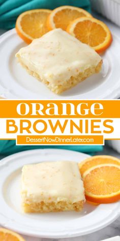 orange brownies on white plates with oranges in the background and text overlay