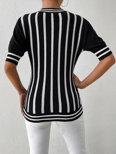 Rock the ultimate cool vibe with the Colette Striped Short Sleeve Knit Top. Featuring a versatile black color and a classic striped design, this top is perfect for any casual occasion. Made with soft and comfortable knit fabric, it will quickly become your go-to choice for everyday wear. Size Guide: Model is 5’8” tall, and has a 32.7” bust, 24.5”waist, & 35.6” hips. She is wearing a S / US 4 / AU 8. This top is true to size. Material: 50% Viscose, 30% Polyamide, 20% Polyester. Key Features: Crew neckline. Short sleeves. Stripe. Soft lightweight knit fabric. Relaxed fit. Not lined. Care Instructions: Machine wash / Cold hand wash Chic Striped Crew Neck Sweater, Striped Fitted V-neck Sweater, Fall Striped Collar V-neck Top, Black Top With Striped Collar For Winter, Fall V-neck Top With Striped Collar, Black Winter Top With Striped Collar, Winter Black Top With Striped Collar, Knit Long Sleeve Tops With Striped Hem, Casual Knit Sweater With Contrast Stripes