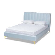 Baxton Studio Saverio Glam and Luxe Light Blue Velvet Fabric Upholstered Queen Size Platform Bed with Gold-Tone Legs FredCo Light Blue Velvet, Classic Channel, Studio Bed, Blue Velvet Fabric, Queen Size Platform Bed, Blue Furniture, Queen Platform Bed, Bed Dimensions, Bed Lights