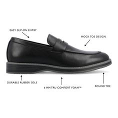 Introducing the Kahlil loafer from Vance Co., a stylish and comfortable slip-on option featuring a 1-inch block heel, round toe design, and faux leather upper. Crafted with a fabric lining and a 6 mm Tru Comfort Foam™ footbed, it offers a trendy and versatile choice for various occasions. The rubber outer sole ensures reliable support, making the Kahlil a fashionable and practical addition to your footwear collection. Modern Workwear Slip-ons With Ortholite Insole, Cushioned Slip-on Dress Shoes For Work, Wingtip Slip-ons With Removable Insole, Business Casual Slip-ons With Ortholite Insole, Modern Moc Toe Slip-ons For Work, Business Casual Slip-on Loafers With Ortholite Insole, Modern Formal Slip-ons With Ortholite Insole, Slip-on Oxfords With Ortholite Insole For Work, Business Casual Loafers With Ortholite Insole And Plain Toe