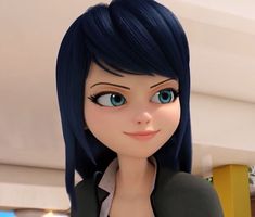 an animated woman with blue hair and green eyes looks at the camera while wearing a black jacket