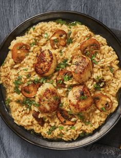 chicken and mushroom riso with rice in a skillet