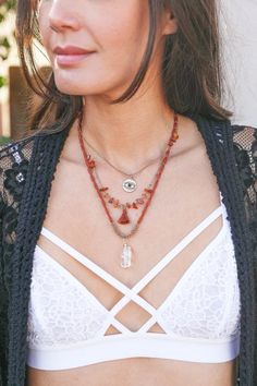 This Carnelian & Crystal Layered Necklace is the perfect addition to your jewelry collection! The vibrant colors and intricate design are sure to turn heads. Whether you're dressing up or dressing down, this necklace will complete any outfit. So don't miss out, order yours today! #completeyourlook #lovemyleto Imported Sea Necklace, Acorn Necklace, Karma Necklace, Bachelorette Dress, Casual Bodysuit, Quartz Gemstones, Carnelian Crystal, Bridal Shower Dress, Mermaid Necklace