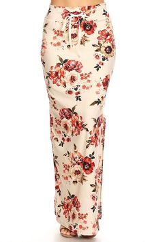 Floral printed high waist maxi skirt with a drawstring waist and side slit. Sand Clothes, High Waist Maxi Skirt, Floral Print Maxi Skirt, High Waisted Maxi Skirt, Floral Pencil Skirt, Modest Skirts, Floral Prints Pattern, Floral Maxi Skirt, Fashionista Clothes