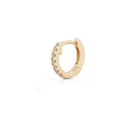 This pavé-set diamond and gold mini huggie earring is a perfect size for those with petite earlobes or for 2nd, 3rd, 4th piercings. This diamond huggie hugs your earlobe just right and is a brilliant addition to your ear stack. Sized for a first, second, or any ear piercing the mini huggie is the earring you've been hunting for. The mini is a staple of the Dana Rebecca office ear stack. The lever back makes for easy and secure closure. This pavé diamond huggie is available in white, yellow, and Classic Rose Gold Huggie Diamond Earrings, Dainty Rose Gold Huggie Diamond Earrings, Classic Rose Gold Diamond Huggie Earrings, Rose Gold Huggie Earrings With Diamond Cut, Rose Gold Small Hoop Huggie Earring (single), Dana Rebecca Designs, Diamond Huggie Earrings, Diamond Huggies, Ear Stack