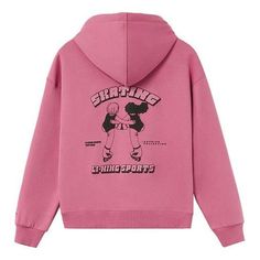 (WMNS) Li-Ning Skating Graphic Hoodie 'Pink' AWDR682-2 Pink Fleece Sweatshirt In Athleisure Style, Pink Hoodie Sweatshirt, Trendy Pink Sweatshirt For Winter, Pink Athleisure Top For Winter, Pink Letter Print Top For Winter, Winter Pink Top With Letter Print, Pink Tops With Letter Print For Winter, Pink Athleisure Outerwear With Ribbed Cuffs, Pink Winter Athleisure Top