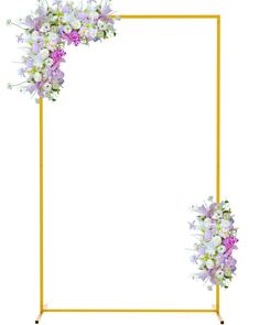 an empty square frame with flowers on the sides and gold bars around it, in front of a white background