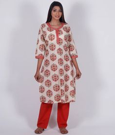 Saheli Block Print Style Hand Embroidered Pure Cotton Kurta Tunic; Mad – Ayurvastram Printed Motifs Tunic Set, Traditional Navratri Tunic With Printed Motifs, Festive Printed Straight Kurta Tunic, Festive Straight Kurta Printed Tunic, Red Cotton Kurta With Floral Print, Casual Cotton Chikankari Embroidery Sets, Red Cotton Floral Print Kurta, Casual Cotton Sets With Chikankari Embroidery, Casual Long Sleeve Cotton Salwar Kameez