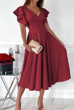 Red Ruffled Sleeve Wrap V Neck Midi Dress Night Out Style, Red Wrap Dress, Dress Maroon, Wrap Midi Dress, V Neck Midi Dress, Church Outfits, Draped Dress, Orange Dress, Style Elegant