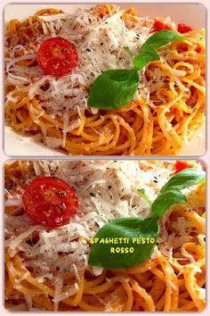 two pictures of spaghetti with tomatoes, cheese and basil sprinkled on the top