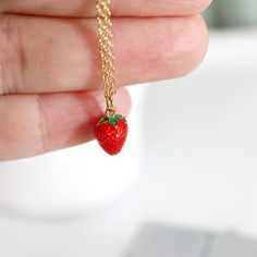 "Beautiful and cute little Strawberry charm necklace. Made of gold and enamel Strawberry with skinny gold plated skinny brass chain. Soft and warm. Great for gifts, everyday or special occasions.  Your item will ship in a gift box. Please feel free to contact me if you have any questions. ♥ Length  14\" - 20\"  ♥ Charm approx 3/8\"  ♥ Gold plated over brass / Enamel ♥ Silver color in here   www.etsy.com/listing/707121670  ♥  See more Rudiana Accessories  Rudiana.etsy.com" Small Birthday Gifts, Strawberry Necklace, Red Valentine, Strawberry Charm, Jewelry Accessories Ideas, Couple Necklaces, Food Jewelry, Silver Enamel, Brass Chain