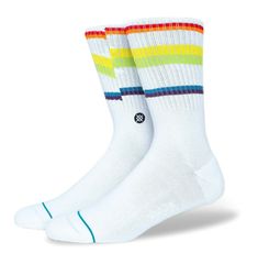 Stance Glitch Rainbow Crew Socks Men's Size Large (9-13) Here is a brand new pair of Stance Glitch Rainbow Crew Socks (Style #A556B20GLI) in a men's size Large (9-13). Socks are white and multi-colored. Rainbow design on both socks. Fabric: 70% Combed Cotton / 19% Polyester / 9% Nylon / 2% Elastane. Care: Machine Washable. Socks are authentic Stance product and come complete with original hang tags. Shipping and Handling is FREE anywhere in the US, international extra insurance optional. Free Sh