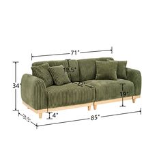 a couch with three pillows and measurements for it