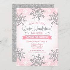 a pink and silver snowflake birthday party card with the words winter wonderland on it