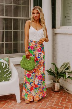 Trip To Paradise High Waist Floral Pants Chic Wide Leg Bottoms With Vibrant Print, Summer Beach Pants With Floral Print, Summer Wide Leg Floral Print Pants, Summer Wide Leg Pants With Floral Print, Summer Floral Print Wide-leg Pants, Floral Print Pants For Beach Day Out, Floral Print Wide Leg Pants For Summer Beach, Chic Floral Print Wide Leg Pants For Vacation, Casual Bottoms With Bold Print For Spring