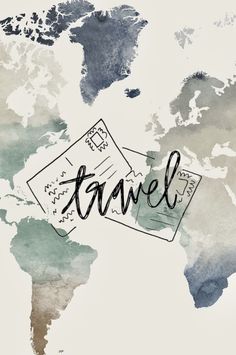 the word travel written on top of a world map with an envelope in front of it