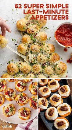 six different images with text that reads 6 super simple last - minute appetizers