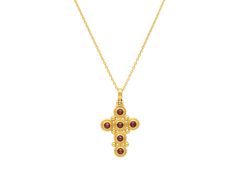 GURHAN, GURHAN Cross Gold Pendant Necklace, Gold Granulations, with Ruby Yellow Gold Cross Pendant Necklace With Gemstone, Spiritual 22k Gold Necklace With Gemstone, 22k Gold Gemstone Pendant Necklace, Luxury Gold Plated Cross Pendant Necklaces, Gold Necklace With Gemstone Cross Pendant, Gold Temple Necklace With Gemstone Pendant, Gold Necklaces With Gemstone Cross Pendant, Byzantine Pendant Necklace For Formal Occasions, Formal Byzantine Pendant Necklaces