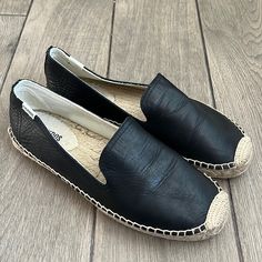 Soludos Espadrilles Nwot. Black Leather Sh1 Trendy Leather Slip-on Espadrilles, Casual Leather Espadrilles For Everyday, Casual Leather Espadrilles, Black Espadrilles With Leather Sole And Flat Heel, Casual Leather Sole Slip-on Espadrilles, Casual Slip-on Espadrilles With Leather Sole, Casual Espadrilles With Contrast Sole, Casual Black Flats With Leather Sole, Black Casual Slip-on Flats