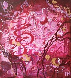 an abstract painting with red and pink colors