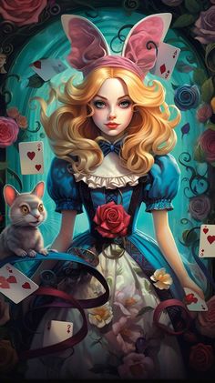 a painting of a girl with long blonde hair holding a cat in front of roses and playing cards