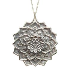 "Sterling silver lotus mandala pendant.  The lotus is born in muck and mire. From sludgy, slimy waters, this brilliant blossom emerges. Many take these humble beginnings as a profound metaphor for life. We can choose to crawl, never lifting our heads up to the light. Or, we can be like the lotus. We can make the best of a lousy situation, rise above, grow, and expand. In this many petaled flower charm, the lotus becomes a mandala - a visually appealing, symmetrical, geometric form that helps qui Mandala Lotus Flower, Detailed Mandala, Mandala Pendant, Mandala Lotus, Lotus Flower Necklace, Lotus Mandala, Lotus Pendant, Geometric Form, Heads Up