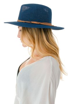 Bring breezy shade to your next trip with this paper straw Panama hat that adds sunny-day ease to any style. 3" brim Paper/polyester Hand wash, dry flat Imported Lightweight Packable Sun Hat For Summer, Casual Lightweight Boater Hat For Outdoor, Casual Panama Hat With Short Brim For Warm Weather, Blue Brimmed Sun Hat For Day Out, Casual Fedora Panama Hat For Warm Weather, Casual Fedora With Uv Protection For Travel, Adjustable Coastal Style Panama Hat For Spring, Blue Wide-brim Hat For Day Out, Casual Lightweight Straw Boater Hat