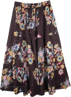 Thunder Multicolor Floral Modest Skirt | Black | Printed Floral Print Cotton Midi Skirt, Cotton Midi Skirt With Floral Print, Floral Print Cotton Skirt, Cotton Floral Print Skirt, Cotton Long Skirt With Floral Print, Cotton Floral Print Full Skirt, Spring Brown Cotton Maxi Skirt, Cotton Brown Maxi Skirt For Spring, Brown Cotton Maxi Skirt For Spring