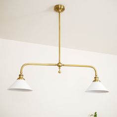 two white lamps hanging from a ceiling in a room with a potted plant on the table