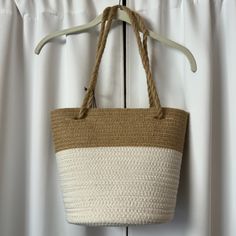 Target Storage Basket Tote Bag Medium Size Straw Bag With Rope Handles Neutral Tan And White Beach Tote Bag Two Tone Basket Bag Beachy Straw Basket 10" H X 9" W X 9" D New With Tag #Businessattire #Officewear #Backtowork #Interviewclothes #Businesscasual #Minimalist #Oldmoney #Newmoney #Retro #Y2k #Barbiecore #Balletcore #Cottagecore #Vintage #Fairycore #Academia #Kawaii #Grunge #Goth #Pastel #Mermaidcore #Kidcore #Madewell #Princesspolly #Darkacademia #90s #2000s #70s #Preppy #2000style #Strawb White Canvas Bag For Spring Travel, Rectangular White Crochet Bag For Vacation, White Rectangular Bucket Bag For Beach Season, Cream Beach Bag For Everyday Use On Vacation, Summer White Rectangular Bucket Bag, White Rectangular Summer Bucket Bag, Casual White Rectangular Crochet Bag, Casual White Crochet Rectangular Bag, Large Capacity White Shoulder Bag For Summer