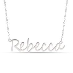 This necklace set in sterling silver can be personalized with a single line of text, from 2 to 8 characters in length. The design is centered along a 16.0-inch rolo chain that secures with a spring-ring clasp. Sterling Silver Signature Jewelry For Personalized Gift, Elegant Sterling Silver Letter Jewelry, Signature Silver Jewelry With Names, Signature Sterling Silver Name Jewelry, Signature Sterling Silver Jewelry With Name, Elegant Letter-shaped Jewelry With Name, Elegant Letter Shaped Jewelry With Name, Personalized Sterling Silver Signature Jewelry, Elegant Letter-shaped Name Jewelry