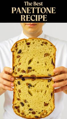 This image displays a large slice of panettone, highlighting its soft, airy crumb filled with plump raisins. The caption, "The Best Panettone Recipe," suggests a high-quality, traditional preparation ideal for achieving perfect texture and flavor in this classic Italian Christmas bread. Panetone Recipe, Christmas Panettone, Italian Christmas Bread, Italian Christmas Desserts, Italian Panettone, Panettone Recipe, Cake Recipes Easy Homemade, Italian Bread