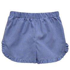 Royal Gingham Girls Ruffle Short Cute Ruffled Cotton Bottoms, Cute Cotton Bottoms With Ruffles, Playful Summer Bloomers With Elastic Waistband, Cotton Ruffled Bloomers For Playwear, Summer Cotton Bloomers With Ruffles, Casual Cotton Bloomers With Ruffles, Summer Gingham Bottoms With Elastic Waistband, Cute Ruffled Bottoms For Playwear, Blue Cotton Bloomers With Ruffles