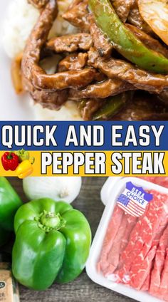 collage of pepper steak on top and peppers and steak on table in bottom image. Pepper Steak Recipe Easy, Easy Pepper Steak Recipe, Peper Steak, Pepper Steak And Rice, Beef Pepper Steak, Pepper Steak Stir Fry, Strip Steak Recipe, Spring Recipes Dinner, Steak And Rice