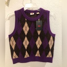 New With Tag Levi’s Deja Vu Sweater Vest Size Small , Multicolor The Measurements Are : From Armpit To Armpit Is About 18” Across The Bottom Is About 16” Total Length Of The Item Is About 19.5” 68% Acrylic, 29% Polyester, 3% Elastane Smoke And Pets Free Home Retro Purple Winter Tops, Fitted Purple Crew Neck Sweater, Vest Top Outfits, Goth Sweater, Fall Thrift, Thrift Inspo, Oc Inspiration, Brush Art, Male Clothes