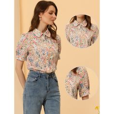 White: 90% Polyester, 10% Cotton; Dark Blue&Light Blue: 100% Cotton. In the blooming floral print design, this vintage blouse adds to your choice for the upcoming seasons. Timeless collared design and soft material, perfectly make your peasant charming and versatile to match in daily. Pair it with denim shorts, pants, jeans, or elegant skirts for many occasions, and you can also build an urban chic lady look. Spring Multicolor Blouse With Collared Neckline, Spring Floral Print Collared Tops, White Floral Print Top With Collared Neckline, Multicolor Floral Print Top With Collared Neckline, White Tops With Floral Print And Collared Neckline, White Floral Print Tops With Collared Neckline, Multicolor Spring Shirt With Collared Neckline, Casual Collared Blouse With Floral Print, Multicolor Collared Shirt For Spring