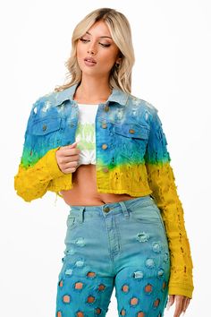 CROPPED TIE DYE DENIM JACKET WITH COIN HOLE -LENGTH: 16 / CHEST: 38" /BOTTOM OPEN: 38"-MODEL IS 5'7, BUST 34", WAIST 27, HIPS 37,5 / WEARING SIZE S (2/4/6)-S(2/4/6), M(6/8/10), L(10/12/14), XL(12/14 Tie Dye Denim, Purple Candy, Unique Ties, Cropped Denim Jacket, Dip Dye, Cropped Denim, Distressed Jeans, Denim Jacket, Tie Dye